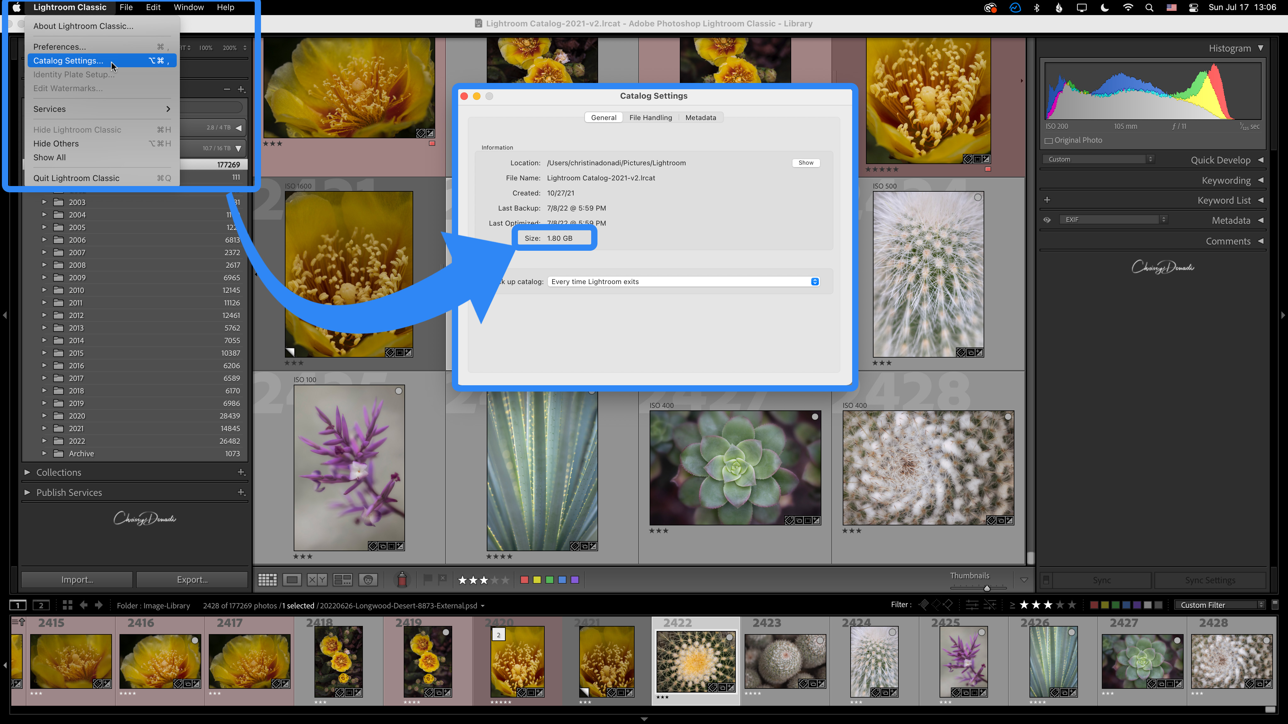 How to find the size of your photo catalog in Adobe Lightroom