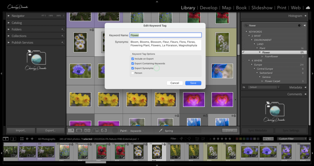 Example how to keyword photos and enter synonyms in Lightroom
